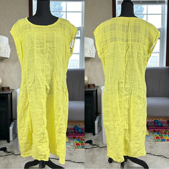 Sahara 100% Pure Linen Sleeveless Midi Dress Pintuck Beachy in Yellow Size M - Picture 1 of 15